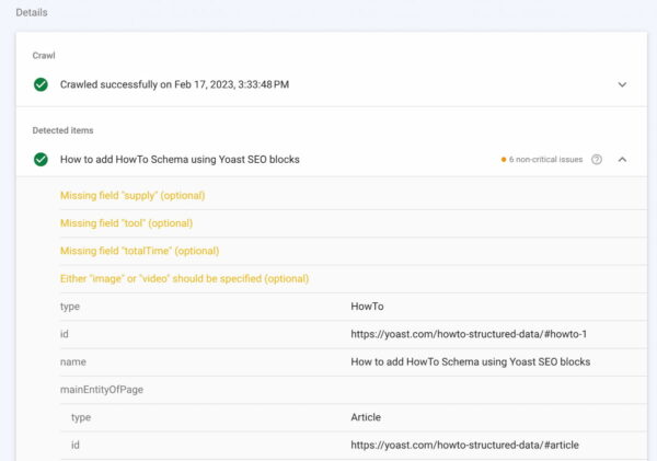 screenshot showing valid result for structured data test in search console