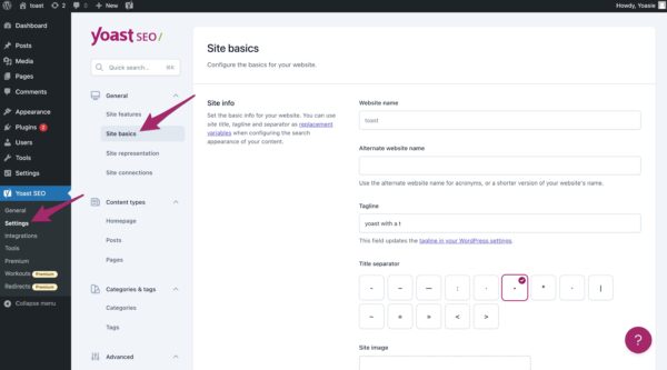 Screenshot of the Site basics settings in Yoast SEO.