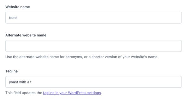 Screenshot of the Website name, Alternate website name, and Tagline settings in the Site basics settings of Yoast SEO.