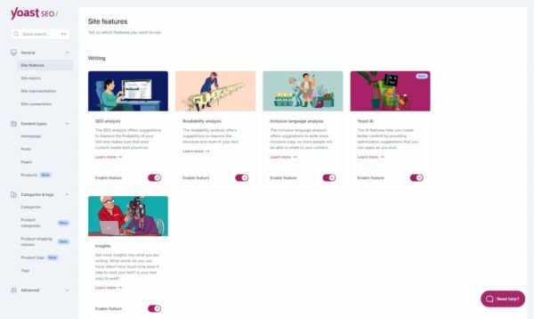 The site features settings page