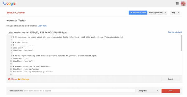 a test result of a robots.txt file in the Google testing tool