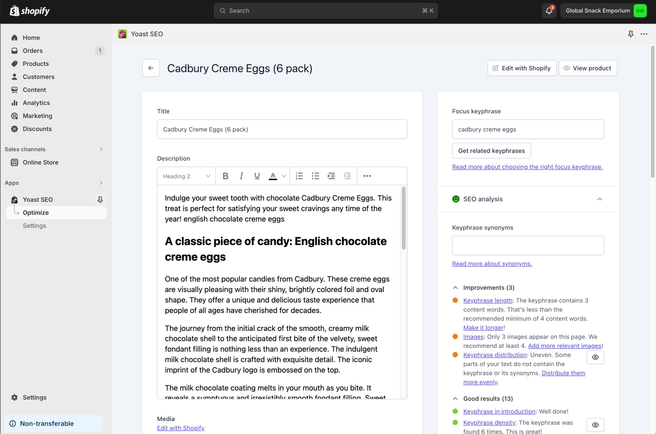 the screen of Yoast SEO for Shopify where you edit the product content